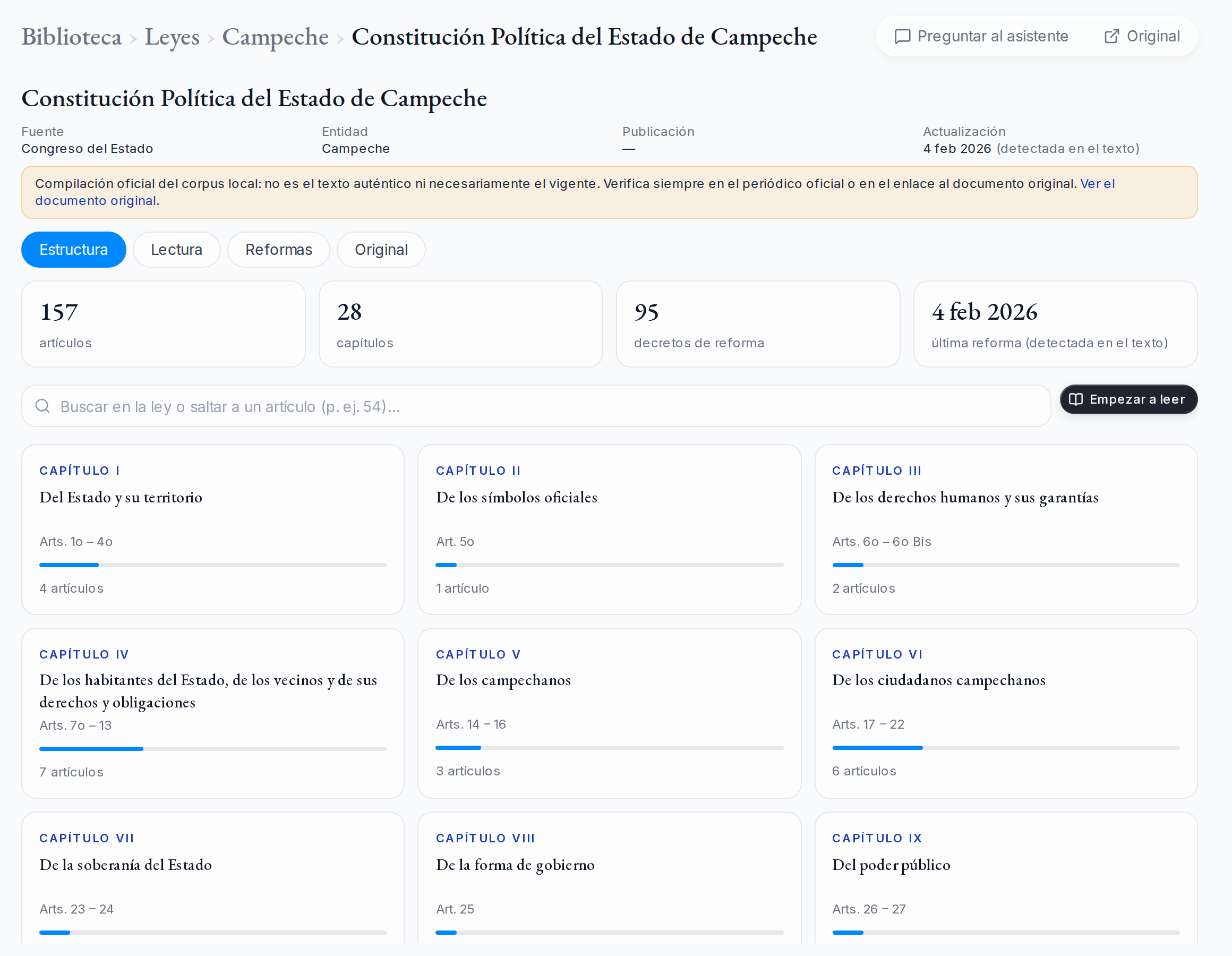 Estructura de la Constitución Política del Estado de Campeche con sus títulos, capítulos y artículos.