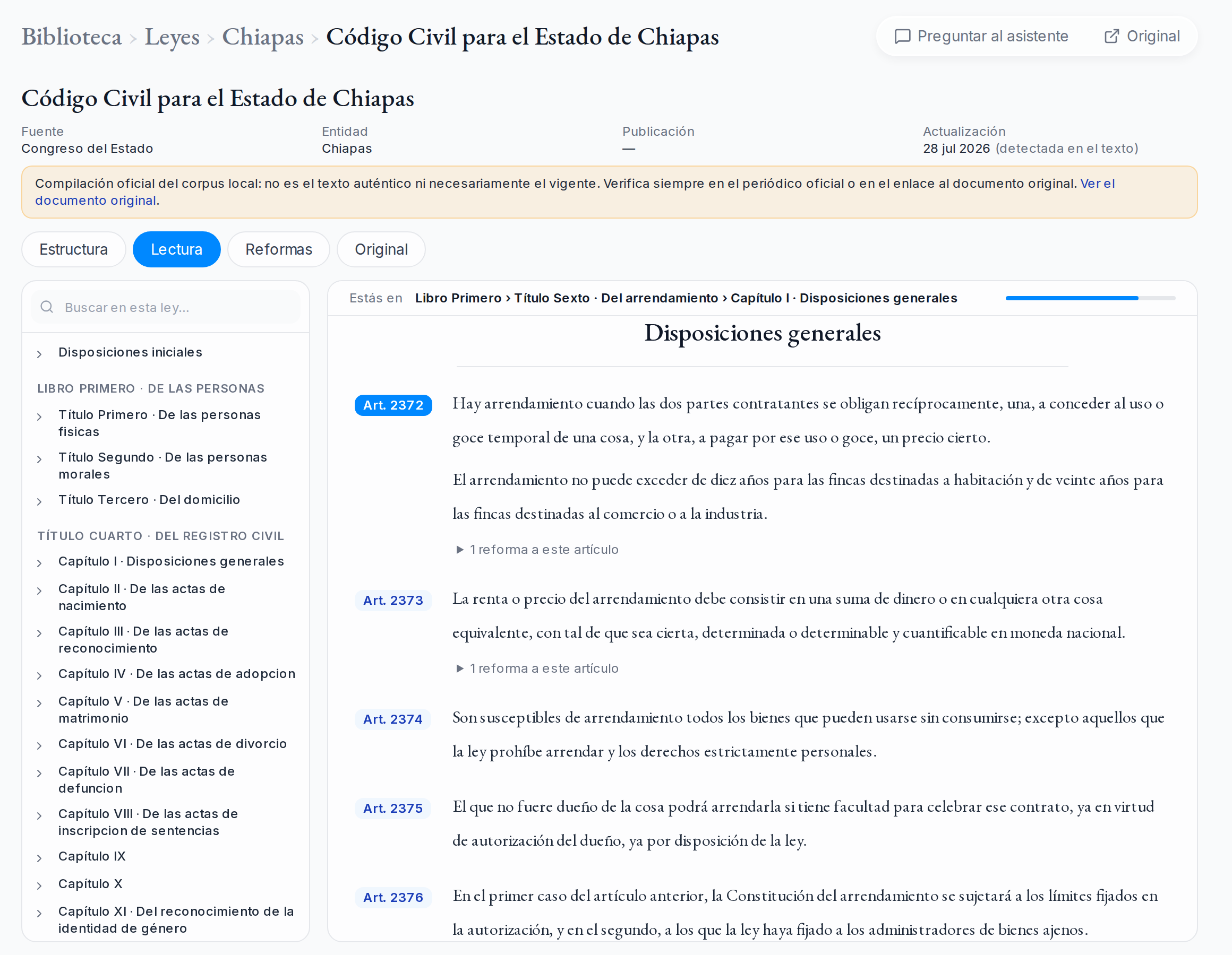 SoyLic mostrando el Código Civil para el Estado de Chiapas en lectura continua, con el índice de la ley a la izquierda y las notas de reforma plegadas bajo cada artículo.
