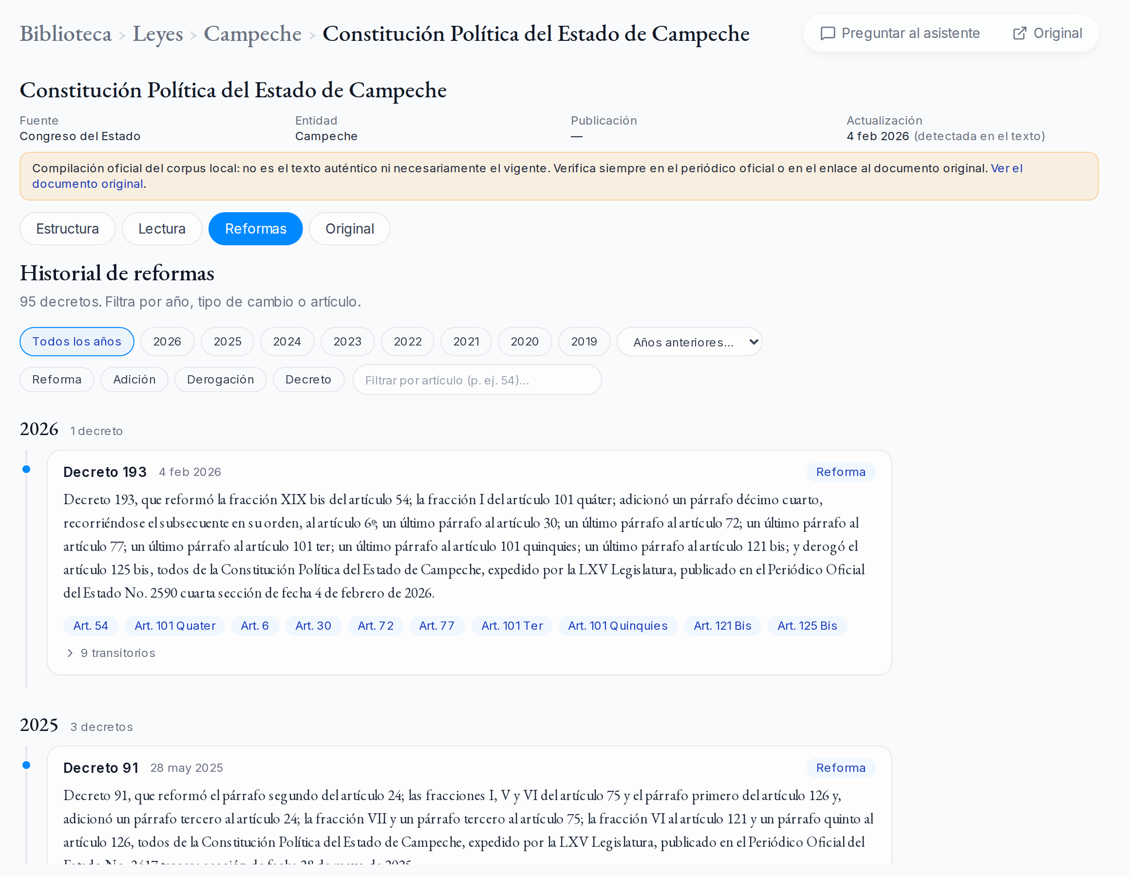 Historial de reformas de la Constitución Política del Estado de Campeche, agrupado por año.